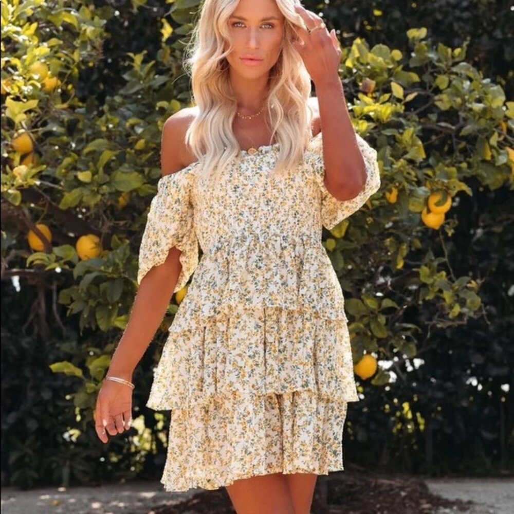 Vici Kamsi flower puffy sleeves tier babydoll dresses ivory multi mini